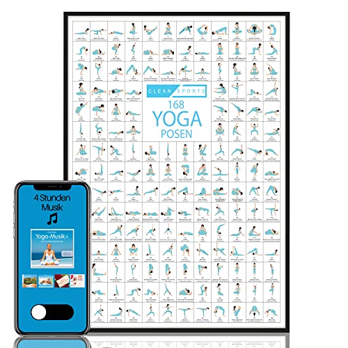 CLEAN SPORTS® Póster de yoga DIN A2 168 poses y Asanas, accesorios para estudios de yoga y casa,...